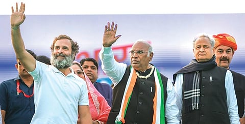(From left) Congress leaders Rahul Gandhi, Mallikarjun Kharge and Ashok Gehlot during Bharat Jodo Yatra in Alwar on Monday. (Photo | PTI)