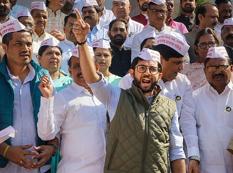 Maha Vikas Aghadi (MVA) MLAs raise slogans during a protest against the state government on the second day of the Winter Session of Maharashtra Assembly, in Nagpur. (Photo | PTI)
