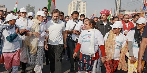 Congress leader Rahul Gandhi with padyatris during the party's Bharat Jodo Yatra, in Alwar district, Tuesday, Dec. 20, 2022. (Photo | PTI)
