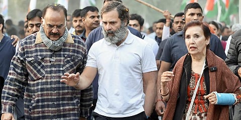 Congress leader Rahul Gandhi with former finance secretary Arvind Mayaram and his wife Shail Mayaram during the party's Bharat Jodo Yatra, in Alwar district