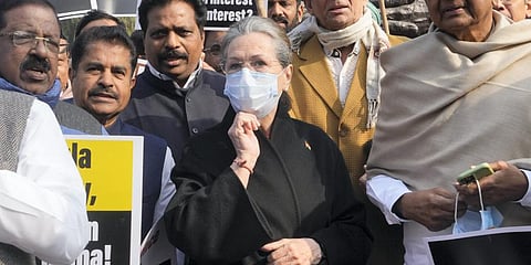 Congress MPs Sonia Gandhi, P Chidambaram, KC Venugopal, DMK's TR Baalu and other members stage a protest demanding discussion on national security and Indo-China border dispute.(Photo | PTI)
