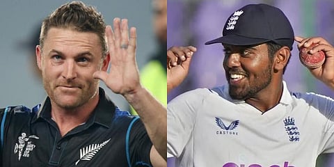 England cricket coach Brendon McCullum and leg-spinner Rehan Ahmed. (Photo | AP)