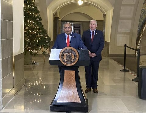 Vivek Malek speaks to reporters at the Missouri Capitol. (Photo | AP)
