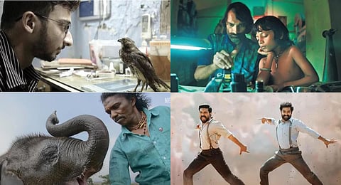 A still from the teasers. (clockwise) 'All That Breathes',' Chhello Show', 'Naatu Naatu' from RRR and 'The Elephant Whisperers'.