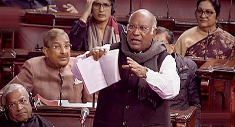 Congress MP Mallikarjun Kharge speaks in the Rajya Sabha during the Winter Session of Parliament, in New Delhi. (Photo | PTI)