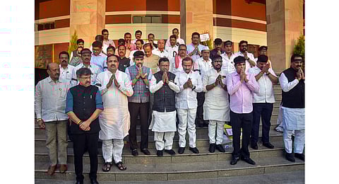 NCP MLAs pay homage to departed BJP MLA Mukta Tilak during Winter Session of Maharashtra State Assembly at Vidhan Bhawan in Nagpur. (Photo | PTI)