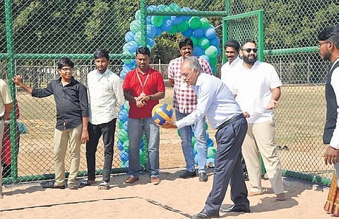 M Bharadwaj, secretary of GITAM, inaugurates the newly-constructed outdoor sports arena and the renovated indoor sports complex on Thursday