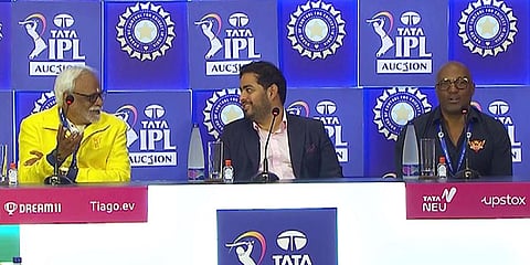 CSK CEO Kasi Viswanathan, (L), MI owner Akash Ambani, and SRH head coach Brian Lara, (R), during a joint press conference of IPL 2023 Auction, in Kochi. (Photo | ANI)