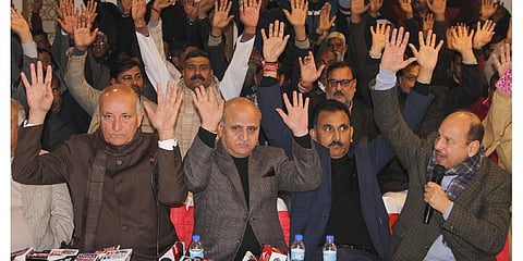 Former chief minister Tara Chand along with others addresses a press conference after being expelled from Democratic Azad Party, in Jammu. (Photo | PTI)