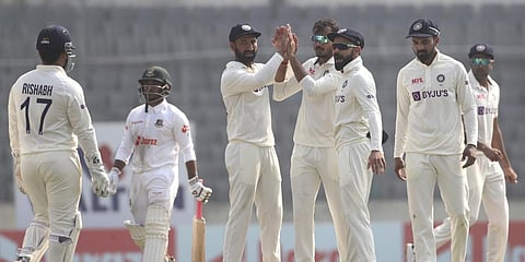 India's Axar Patel celebrates wicket of Bangladesh's Mushfiqur Rahim during the third day of the second cricket test.(Photo | AP)