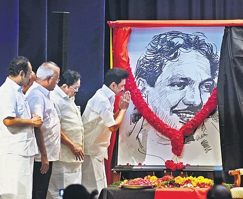 Chief Minister MK Stalin and other leaders during the book launch event at Anna Centenary Library in Kotturpuram on Saturday | Ashwin prasath