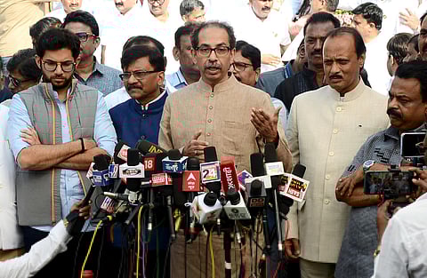 Shiv Sena (UBT) chief Uddhav Thackeray speaks to the media outside Vidhan Bhavan during the Winter Session of the Maharashtra Assembly, in Nagpur, Dec. 26,2022. (Photo | ANI)