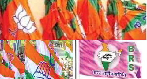 Clockwise: The flag of BJP, BRS and Congress