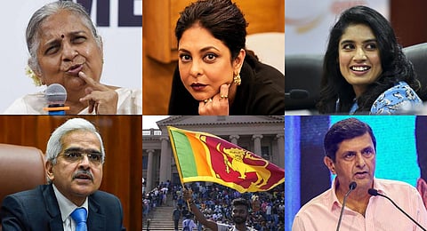 From left: Sudha Murty, Shefali Shah, Mithali Raj, Prakash Padukone , protester waving Sri Lankan national flag and Shaktikanta Das