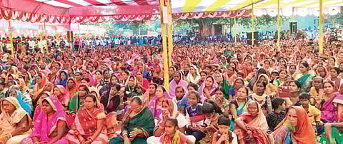 Villagers at the ‘Jan Jagrana Mahasamabesh’ on Monday I Express