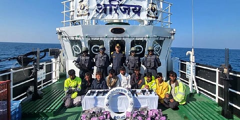 As per the release, arms, ammunition and nearly 40 kg of narcotics worth Rs 300 crore were found on the boat. (Photo | IndiaCoastGuard Twitter)