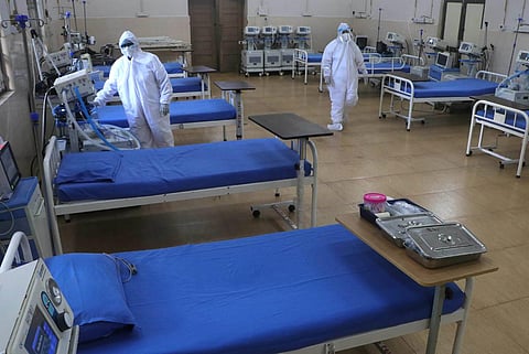 Health workers take part in a mock drill conducted as part of preparedness against COVID-19 at the Government Chest Clinic, in Puducherry. (Photo | Sriram R, EPS)