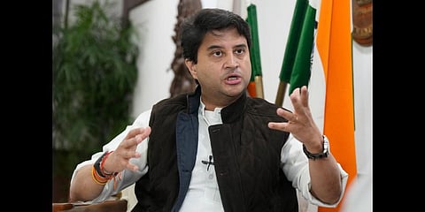Union Minister for Civil Aviation Jyotiraditya Scindia gestures during an interview in New Delhi, Dec. 28, 2022. (Photo | PTI)