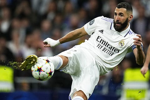 Real Madrid's Karim Benzema kicks the ball during the Champions League Group F soccer match between Real Madrid and Celtic at the Santiago Bernabeu stadium in Madrid, Spain. (Photo | AP)