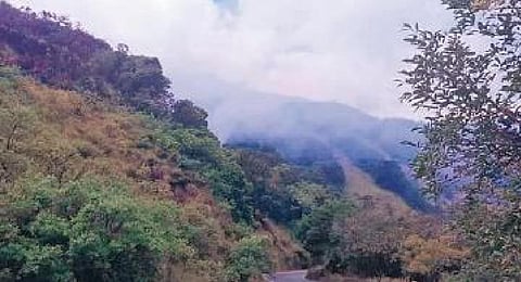 Smoke billows from the forest in the Charmadi Ghat in Chikkamagaluru district after the outbreak of wildfire