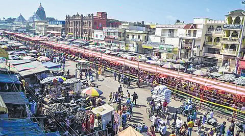 An aerial view of the constricted Grand Road at Puri as devotees wait outside Srimandir in a serpentine queue | DEBADATTA MALLIK