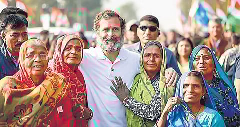 Congress leader Rahul Gandhi with supporters during the party’s ‘Bharat Jodo Yatra’ in Ujjain district, MP, on Friday. (Photo | PTI)