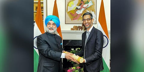 India's Ambassador to the US Taranjit Singh Sandhu hands over the Padma Bhushan award to Google and Alphabet CEO Sundar Pichai.(Photo | PTI)