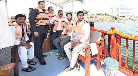 Chief Minister YS Jagan Mohan Reddy takes a boat ride in the Chitravathi Balancing Reservoir after inaugurating the boating facility on Friday. (Photo | Express)