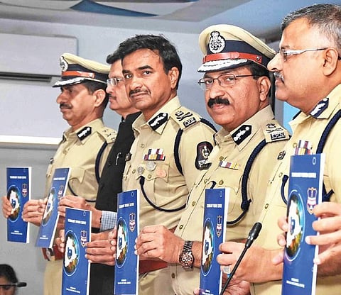 DGP Mahender Reddy, Hyderabad Police Commissioner CV Anand and other senior officials at the annual presss meet in Hyderabad on Thursday | RVK Rao