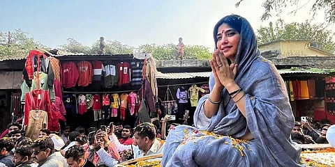 Samajwadi Party candidate Dimple Yadav campaigns in Mainpuri district. (Photo | PTI)