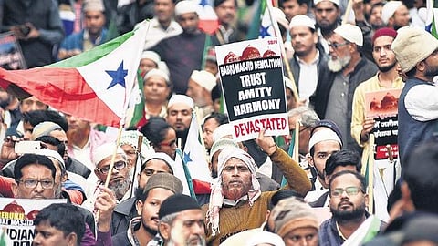 In this backdated image, protesters at a rally on the 27th anniversary of Babri Masjid’s demolition. (Photo| EPS/Parveen negi)