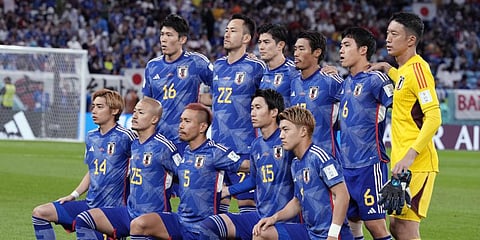 Japan's players pose prior to the start of the World Cup round of 16 fixture against Croatia at the Al Janoub Stadium in Al Wakrah, Dec. 5, 2022. (Photo | AP)