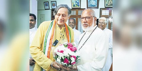 Syro-Malabar Church Major Archbishop Cardinal George Alencherry welcomes Shashi Tharoor at St Thomas Mount in Kakkanad on Monday | Express