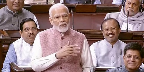Prime Minister Narendra Modi speaks in the Rajya Sabha on the first day of the Winter Session of Parliament. (Photo | PTI)