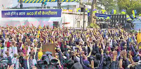 AAP supporters celebrate at party headquarters in New Delhi on Wednesday | PTI