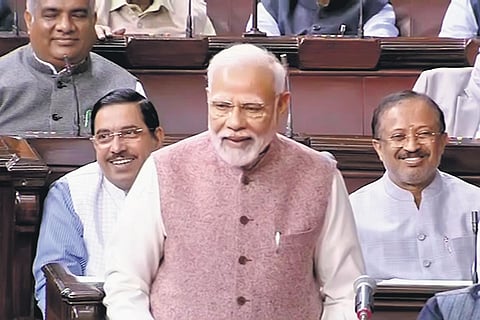 Prime Minister Narendra Modi speaks in the Rajya Sabha on the first day of the winter session of Parliament in New Delhi on Wednesday | PTI