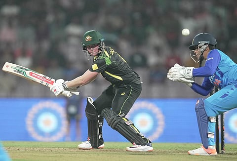 Australia's Beth Mooney plays a shot during the T20 International series between India and Australia at Dr DY Patil Cricket Stadium, in Navi Mumbai, Friday, Dec. 9, 2022. (Photo | PTI)
