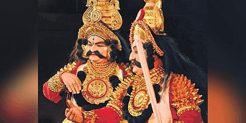 Yakshagana artistes perform during Janapadotsava in Mysuru on Thursday | Udayashankar S