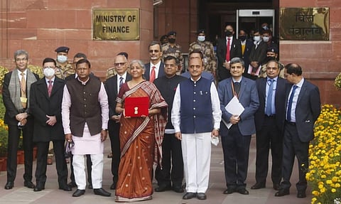Union Finance Minister Nirmala Sitharaman seen with her team ahead of budget presentation in New Delhi on Tuesday, Jan 1, 2022. (Photo | Shekhar Yadav/EPS)