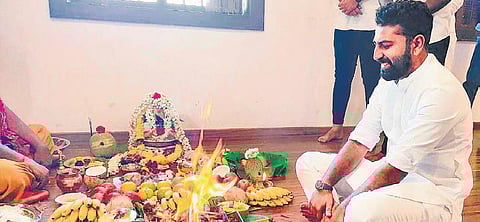 Youth Congress leader Mohammed Haris Nalapad attends a havan after taking charge as KPYCC president in Bengaluru on Monday