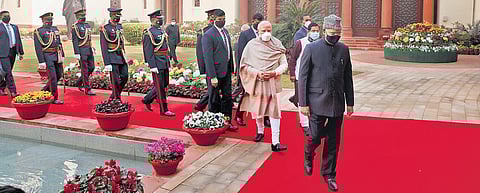 President Ram Nath Kovind and PM Narendra Modi arrive at Parliament House for Budget Session on Monday. (Photo | Shekhar Yadav/EPS)