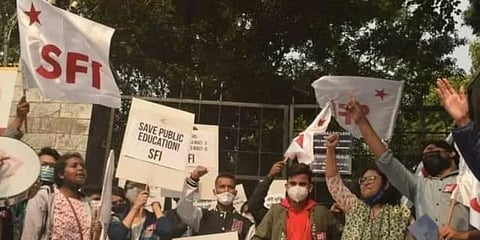 Students' Federation of India stir against the construction of a gaushala at Hansraj College. (Photo| Twitter)