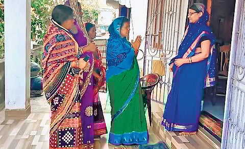 President of Maa Budhijagulei SHG and panchayat samiti member candidate Sampad Kumari Parida canvassing for the upcoming elections. (Photo | Express)