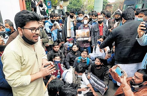 Students protest at Jamia campus on Wednesday | express
