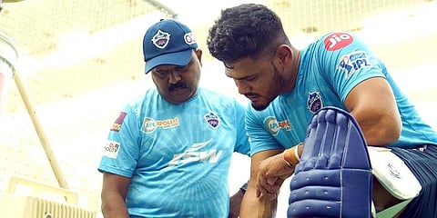 Assistant coach Pravin Amre with Ripal Patel of Delhi Capitals. (Photo | Twitter/Delhi Capitals)