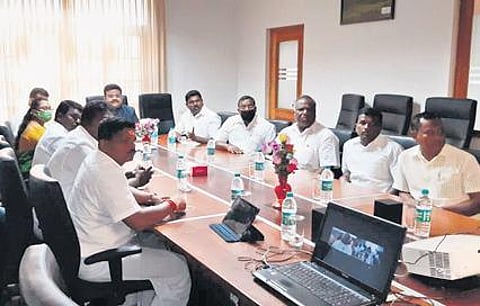 Representatives of fishermen interact with Douglas Devananda, the Minister of Fisheries in Sri Lanka, in Chennai on Tuesday | Express