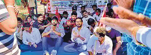 Actor Chetan Ahimsa joins ITI workers in their protest in Bengaluru on Thursday