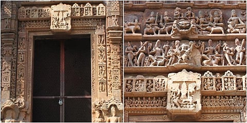 Annapurna icons on the door jambs of the Jarai Math temple in Uttar Pradesh’s Bundelkhand region (L) and Images of Goddess Annapurna at the terminals.
