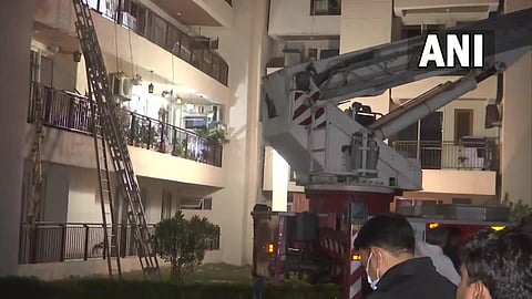 Rescue operation underway of a collapsed portion of the roof of the sixth floor of D tower of Chintels Paradiso housing complex in Gurugram's Sector 109. (Photo | ANI)