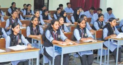 Hijab-clad girls in a classroom of a college located at Talapady on the Kerala border, which is run by a VHP leader | EXPRESS